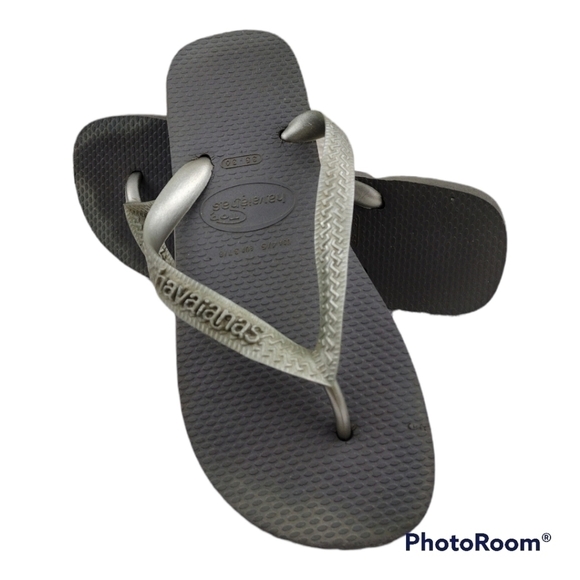 Havianas Top Tiras Silver Gray Round Toe Rubber Thong Upper Flat Slide Flip Flop - Picture 1 of 12